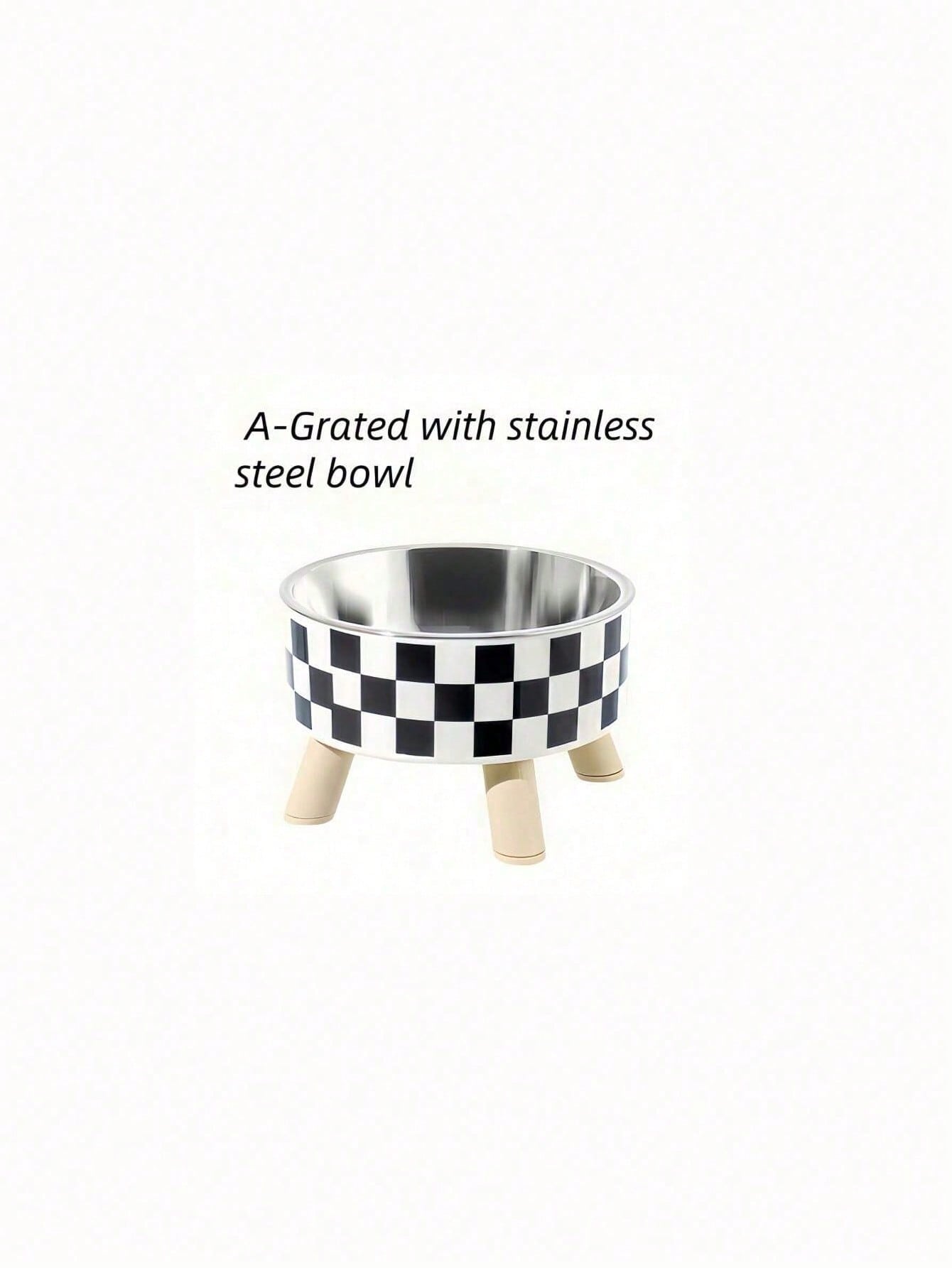 1-Piece Premium Stainless Steel And Plastic Pet Bowl - White Checkered Design - Suitable For Cats - Easy To Install, Super Easy To Clean, Durable - Let Your Beloved Pet Enjoy Fun And Stylish Mealtimes!