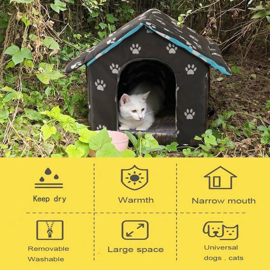 Black house-shaped outdoor waterproof cat bed made of 600D Oxford cloth with high-density foam insulation and a 4-season memory foam cushion.