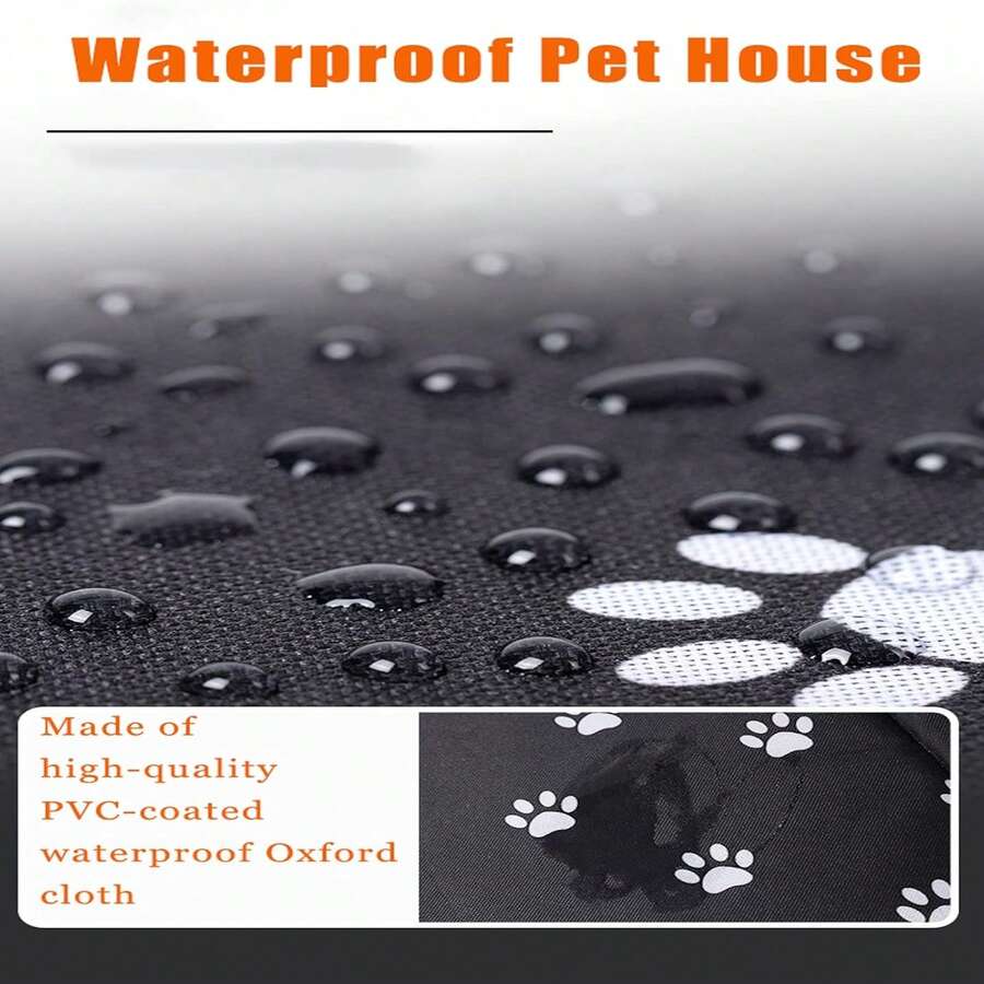 Black house-shaped outdoor waterproof cat bed made of 600D Oxford cloth with high-density foam insulation and a 4-season memory foam cushion.