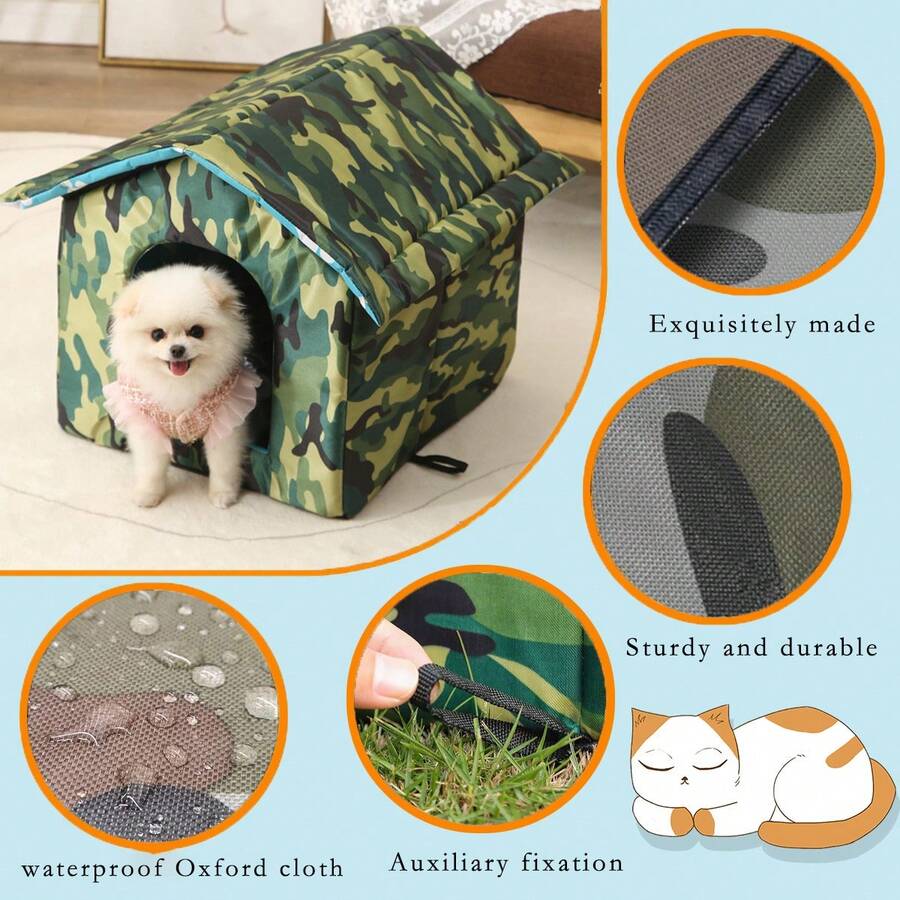 Black house-shaped outdoor waterproof cat bed made of 600D Oxford cloth with high-density foam insulation and a 4-season memory foam cushion.