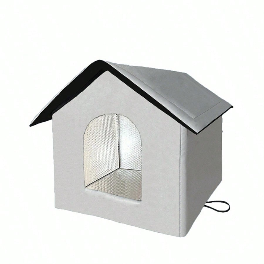Black house-shaped outdoor waterproof cat bed made of 600D Oxford cloth with high-density foam insulation and a 4-season memory foam cushion.