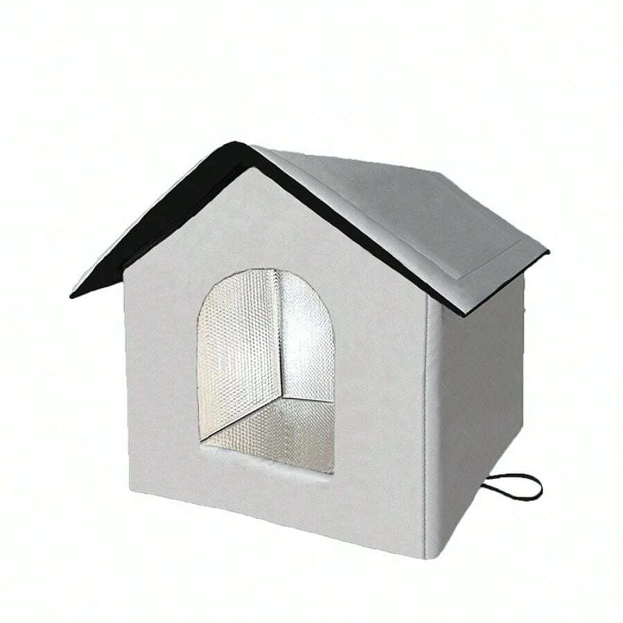 Black house-shaped outdoor waterproof cat bed made of 600D Oxford cloth with high-density foam insulation and a 4-season memory foam cushion.