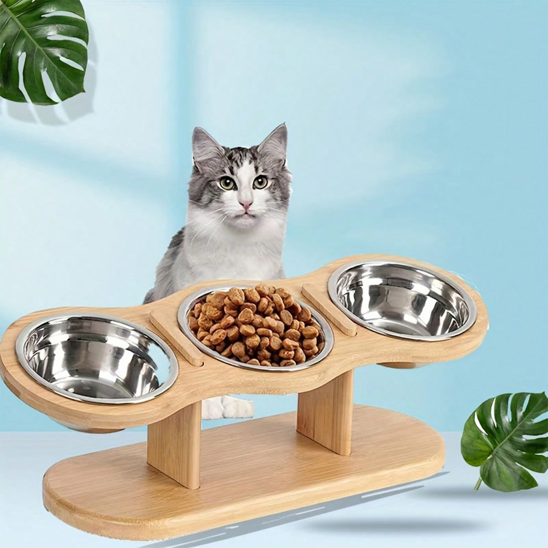 15° Tilted Elevated Cat Bowl, Anti-Vomiting Design, Adjustable Wooden Stand For Dog Bowls, 3 Stainless Steel Bowls, Suitable For Cats And Small Dogs