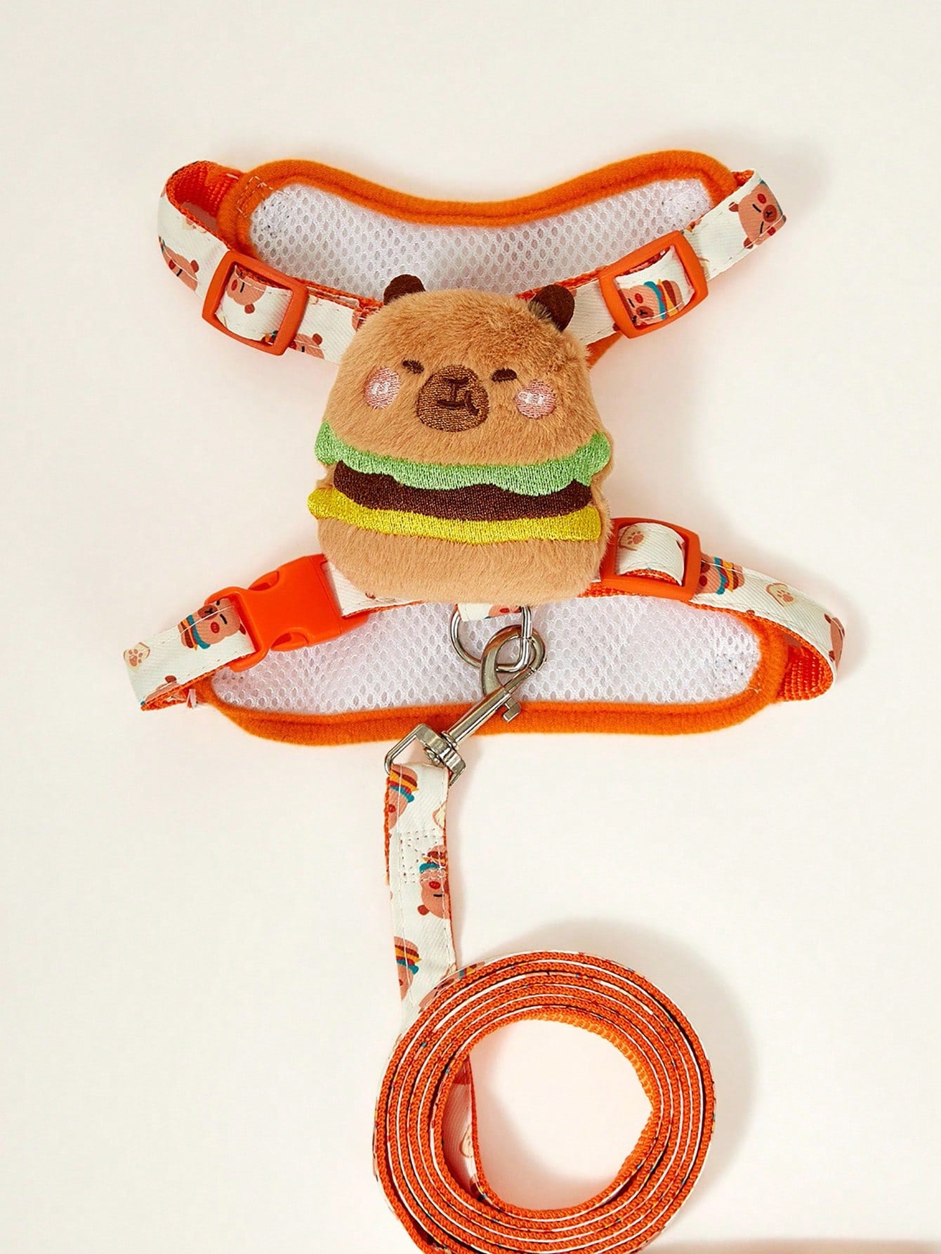Multicolor polyester chest harness and leash set for cats and dogs with cute hamburger and hamster cartoon all-over print