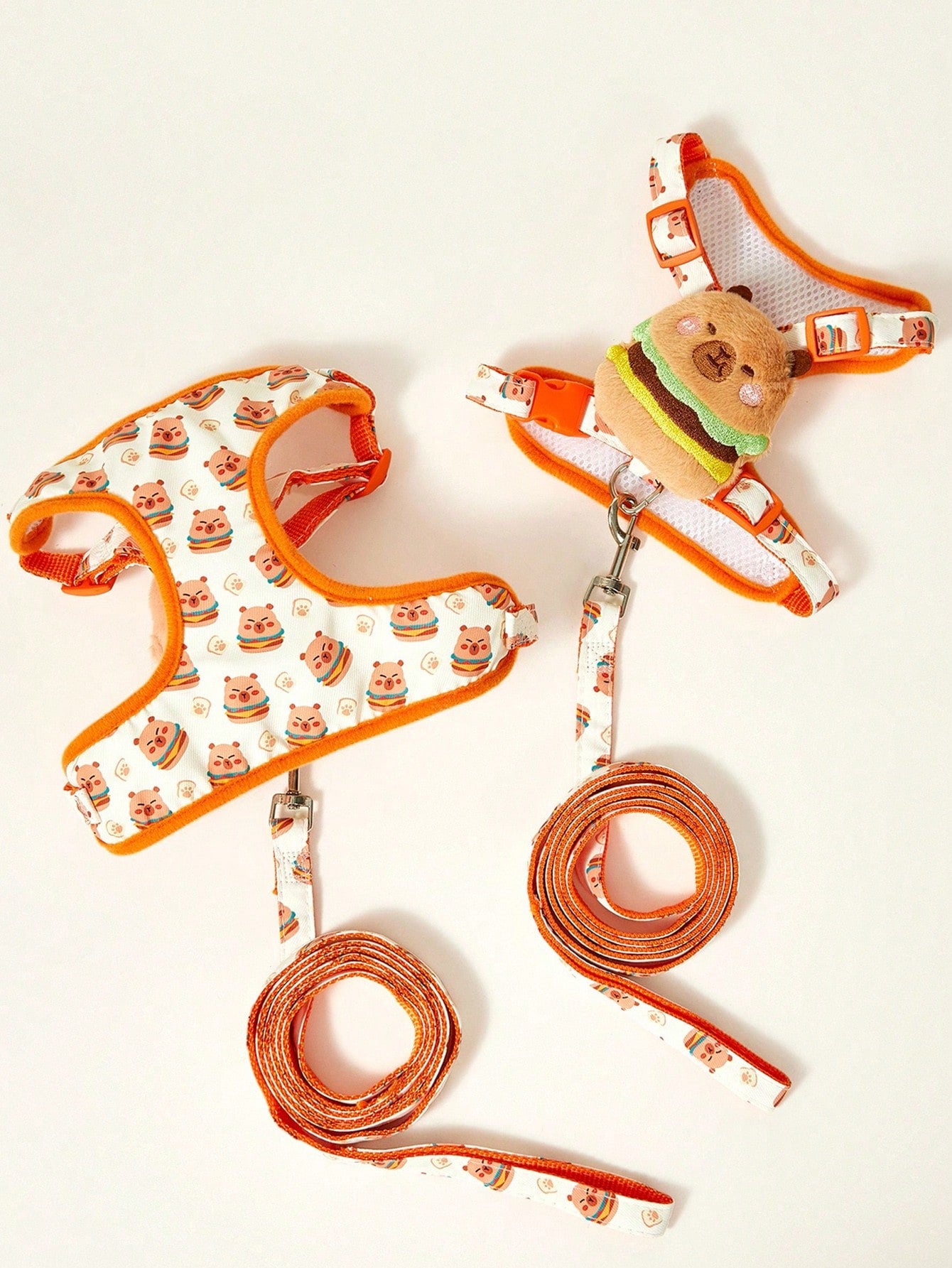 Multicolor polyester chest harness and leash set for cats and dogs with cute hamburger and hamster cartoon all-over print