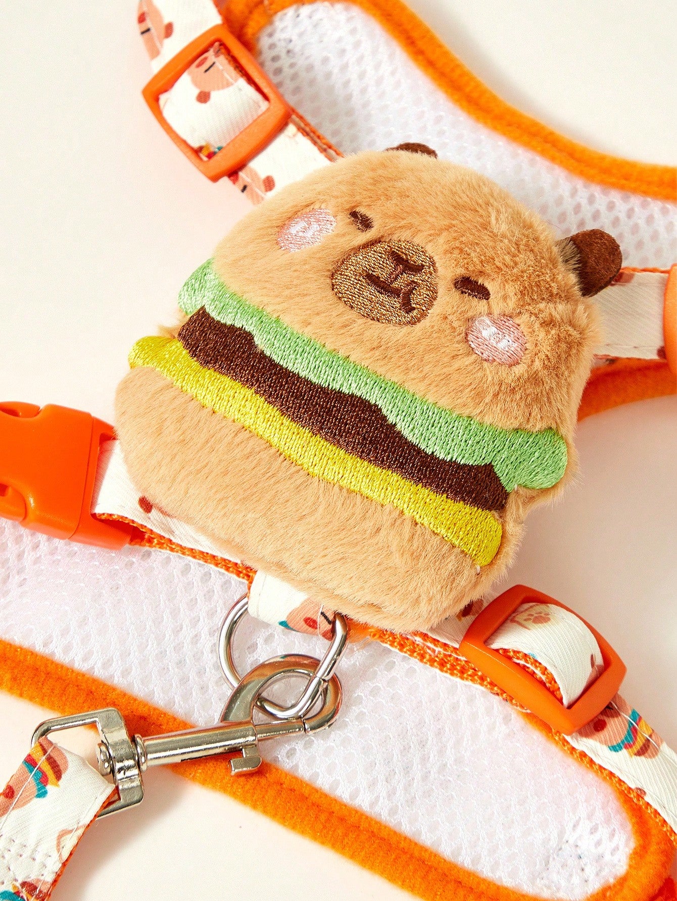 Multicolor polyester chest harness and leash set for cats and dogs with cute hamburger and hamster cartoon all-over print