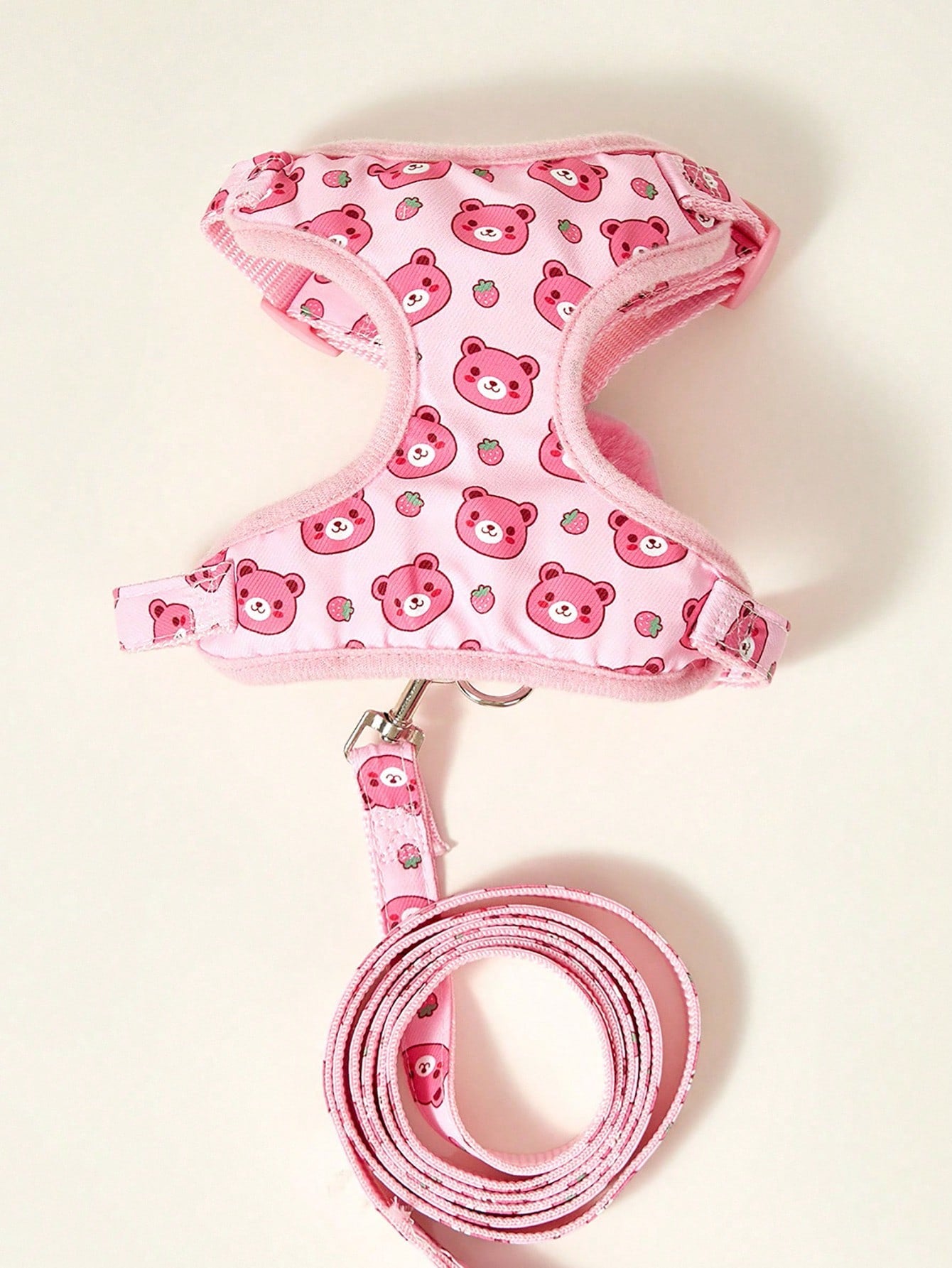Multicolor polyester pet harness and leash set with cute strawberry and bear pattern, suitable for dogs and cats.