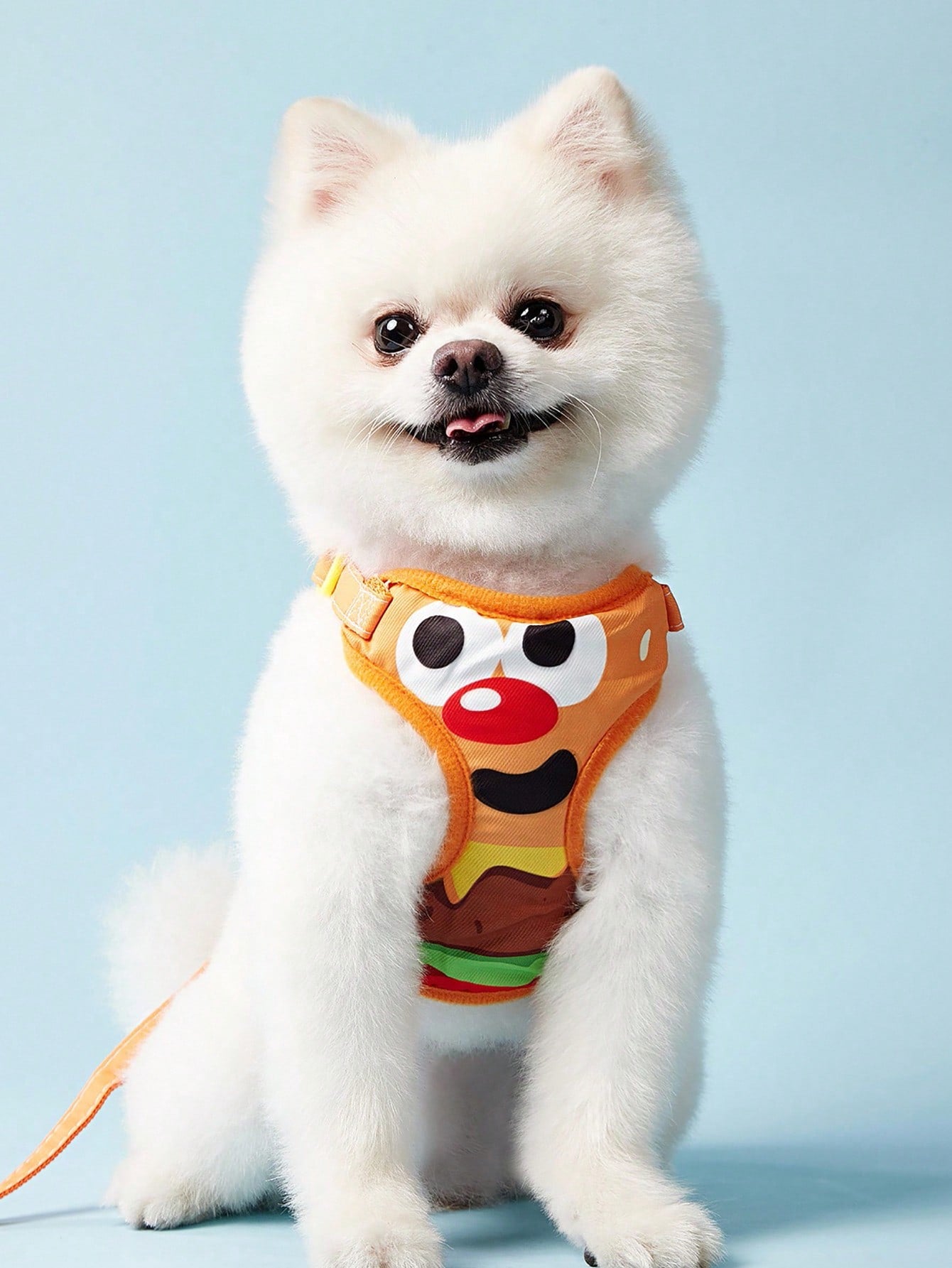 Multicolor polyester pet harness and leash set with cute cartoon hamburger print, suitable for dogs and cats