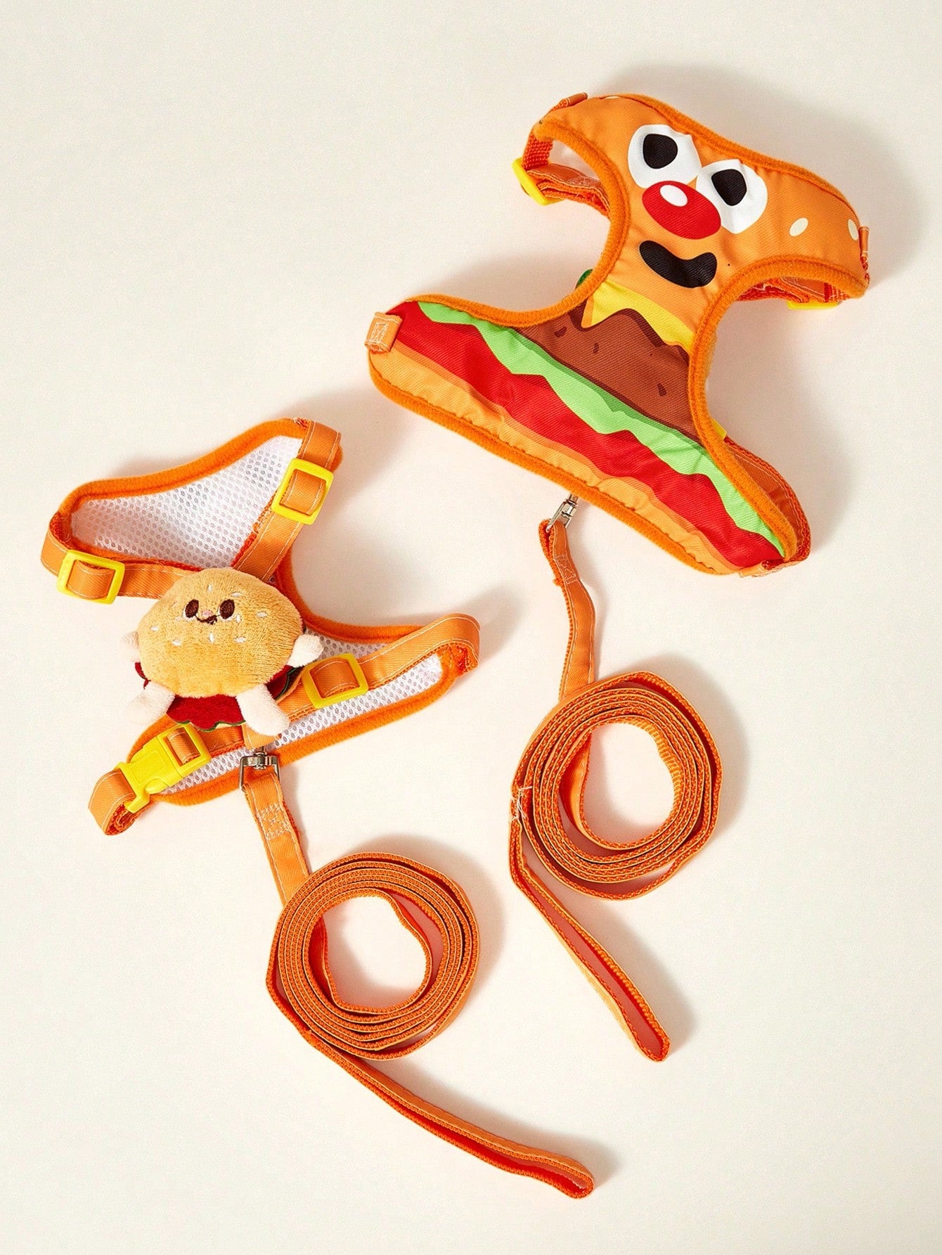 Multicolor polyester chest harness and leash set for cats and dogs with cute hamburger and hamster cartoon all-over print
