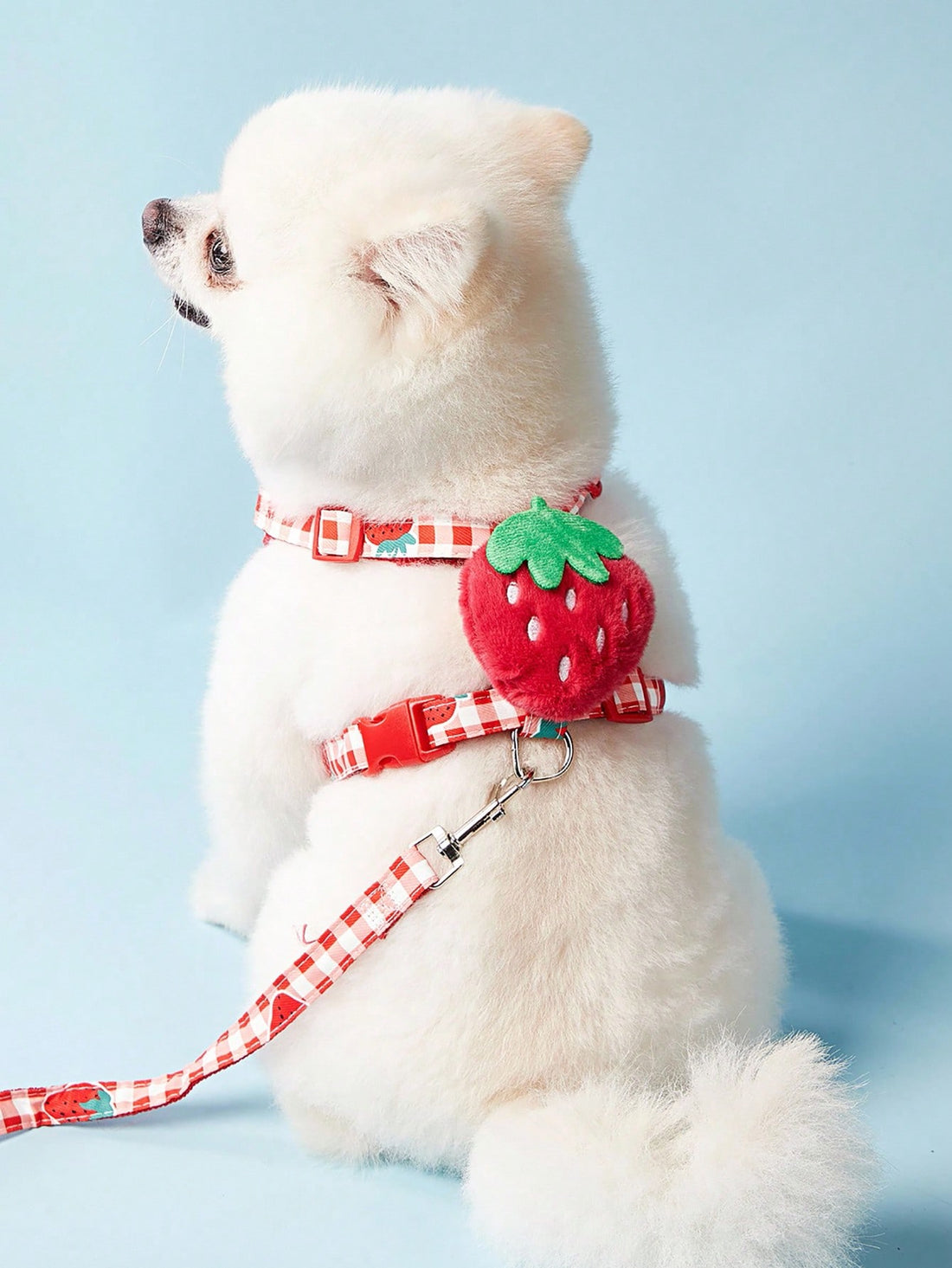 Multicolor strawberry plaid printed polyester pet harness and leash set for cats and dogs
