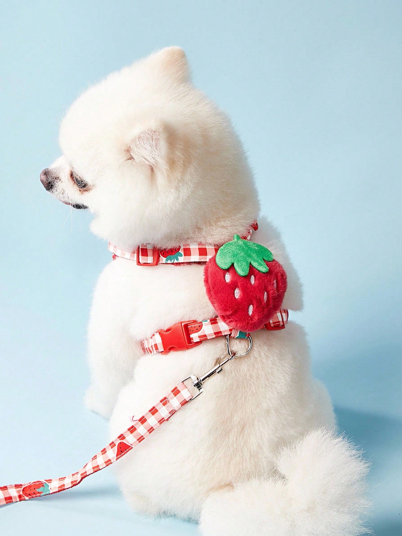 Multicolor strawberry plaid printed polyester pet harness and leash set for cats and dogs