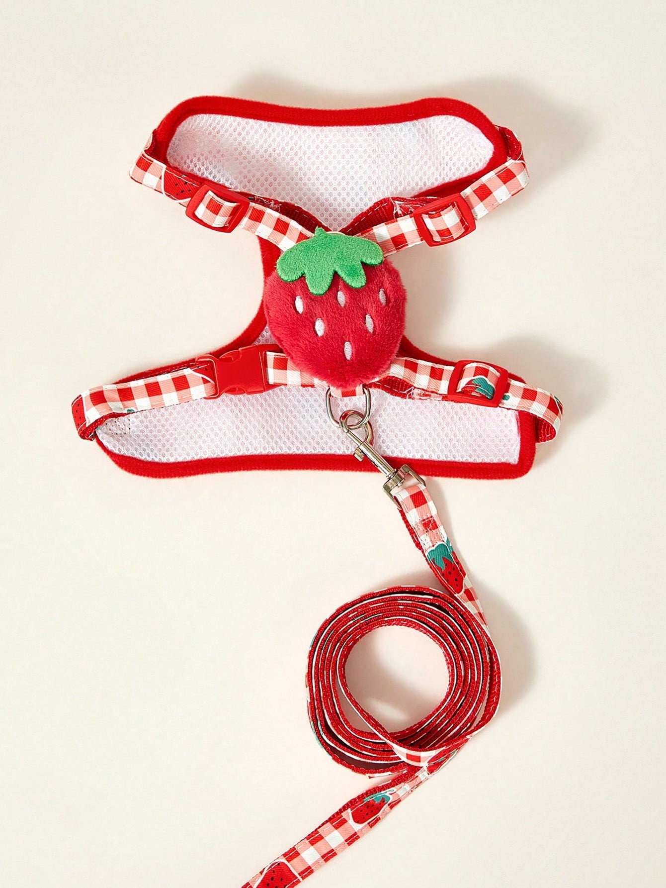 Multicolor strawberry plaid pet harness and leash set for cats and dogs with Christmas pattern print