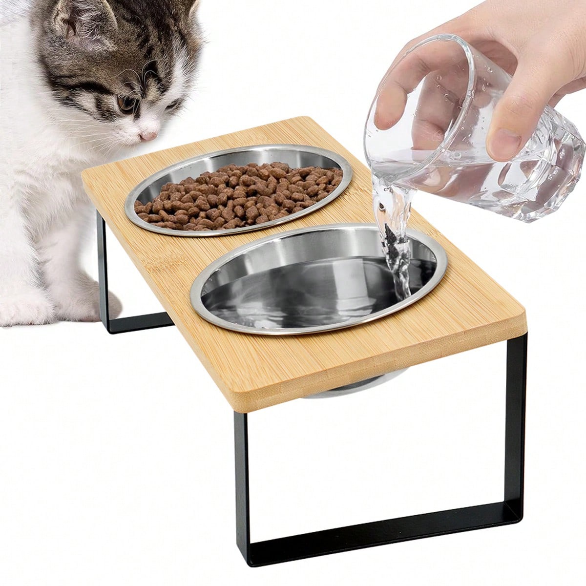 15° Tilted Elevated Cat Bowl Upgraded Version, Anti-Vomiting Raised Cat Food & Water Bowls, 2 Stainless Steel Bowls, Suitable For Cats And Puppies