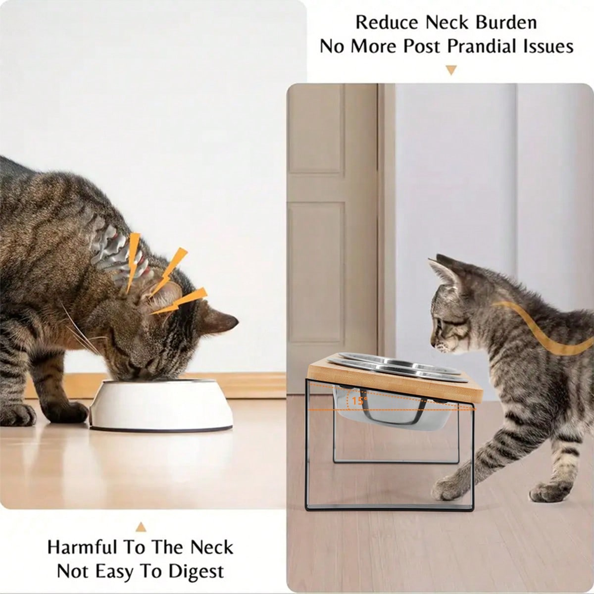 15° Tilted Elevated Cat Bowl Upgraded Version, Anti-Vomiting Raised Cat Food & Water Bowls, 2 Stainless Steel Bowls, Suitable For Cats And Puppies