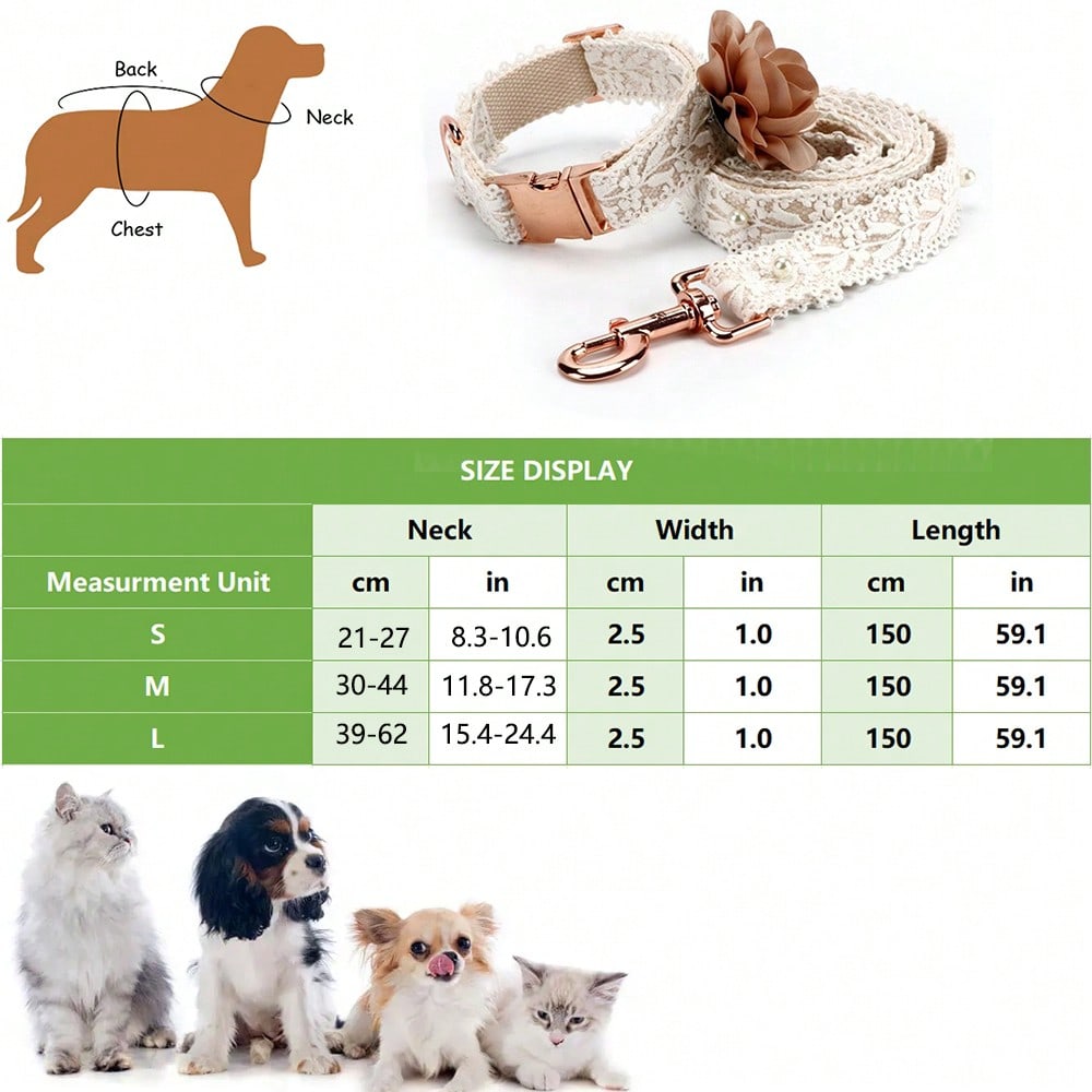 Beige polyester dog harness and leash set with lace flower detail and colorblock pattern for walking Teddy, Poodle, and other dogs