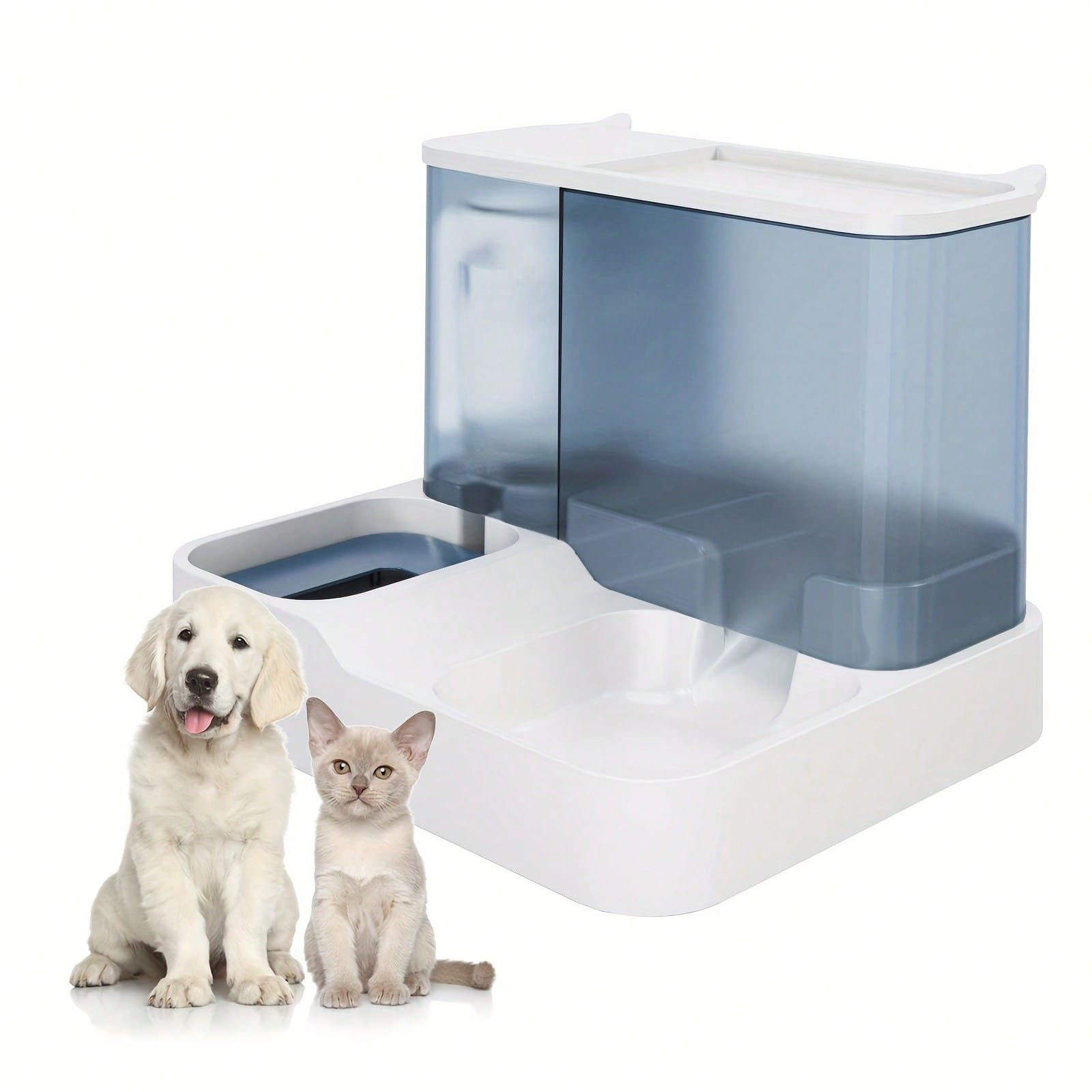 Blue colorblock 2-in-1 automatic cat food and water dispenser set featuring a visible gravity-fed container for cats and small dogs.