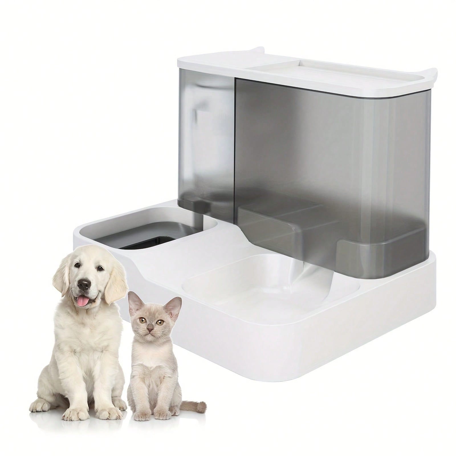 Blue colorblock 2-in-1 automatic cat food and water dispenser set featuring a visible gravity-fed container for cats and small dogs.