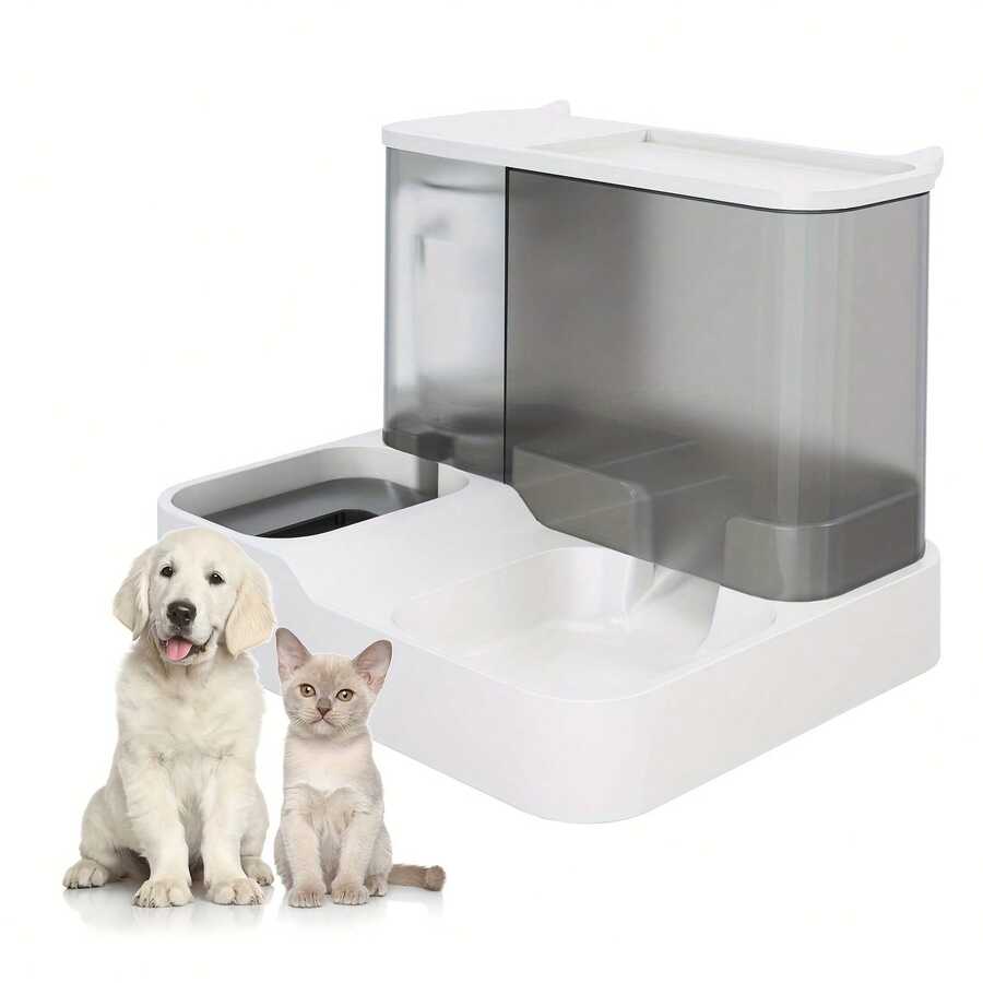 Blue colorblock 2-in-1 automatic cat food and water dispenser set featuring a visible gravity-fed container for cats and small dogs.
