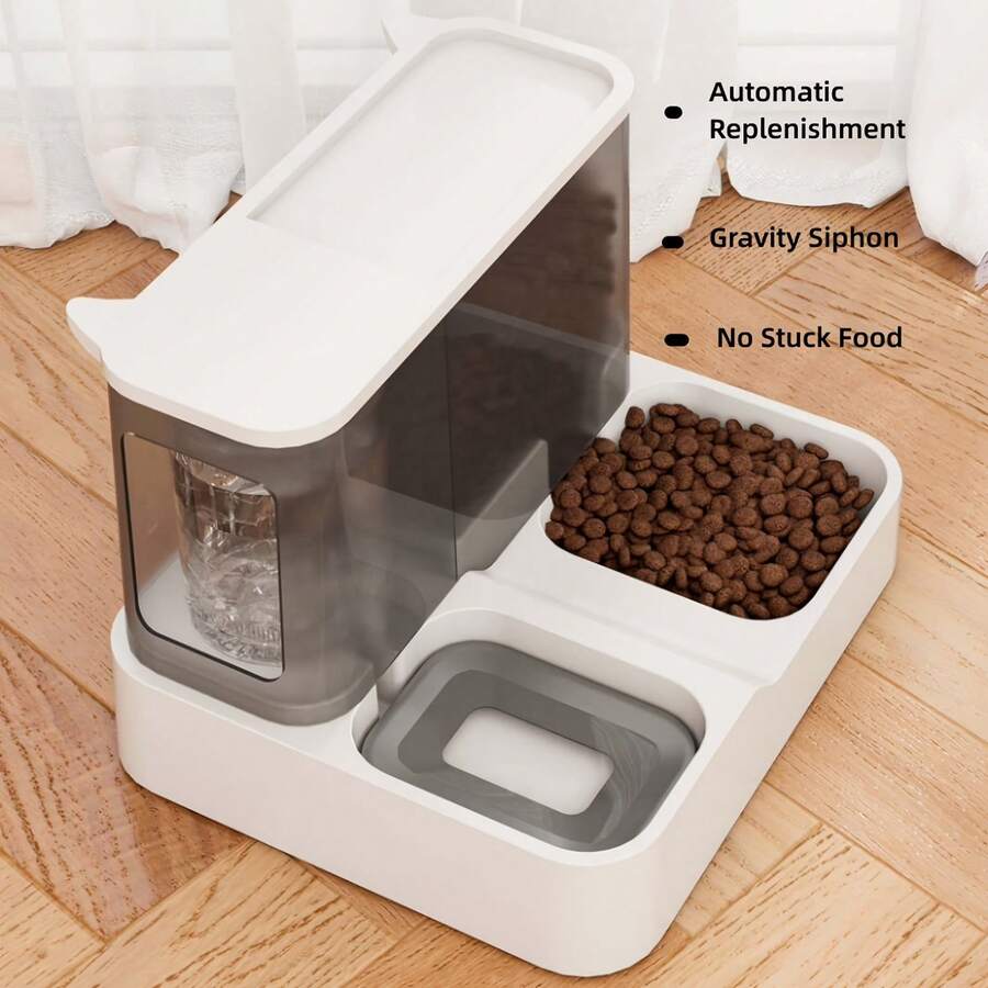 Blue colorblock 2-in-1 automatic cat food and water dispenser set featuring a visible gravity-fed container for cats and small dogs.