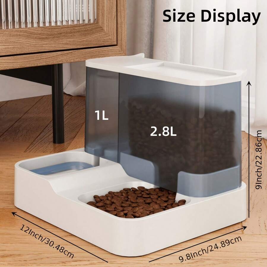 Blue colorblock 2-in-1 automatic cat food and water dispenser set featuring a visible gravity-fed container for cats and small dogs.