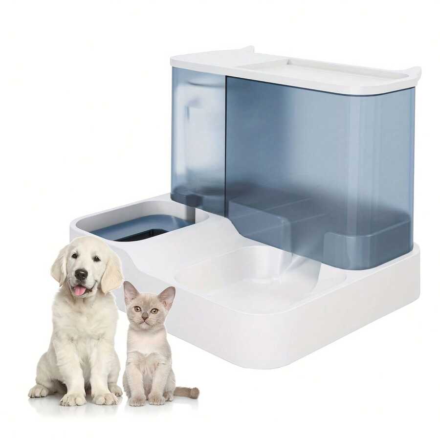 Blue colorblock 2-in-1 automatic cat food and water dispenser set featuring a visible gravity-fed container for cats and small dogs.