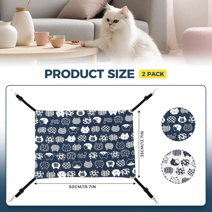 Multicolor adjustable hanging cat hammock bed made of 100% polyester for cats, small dogs, ferrets, and small animals.