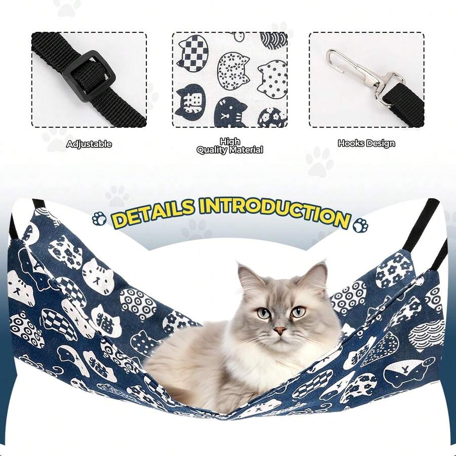Multicolor adjustable hanging cat hammock bed made of 100% polyester for cats, small dogs, ferrets, and small animals.