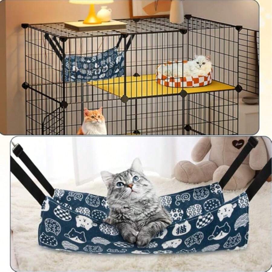 Multicolor adjustable hanging cat hammock bed made of 100% polyester for cats, small dogs, ferrets, and small animals.