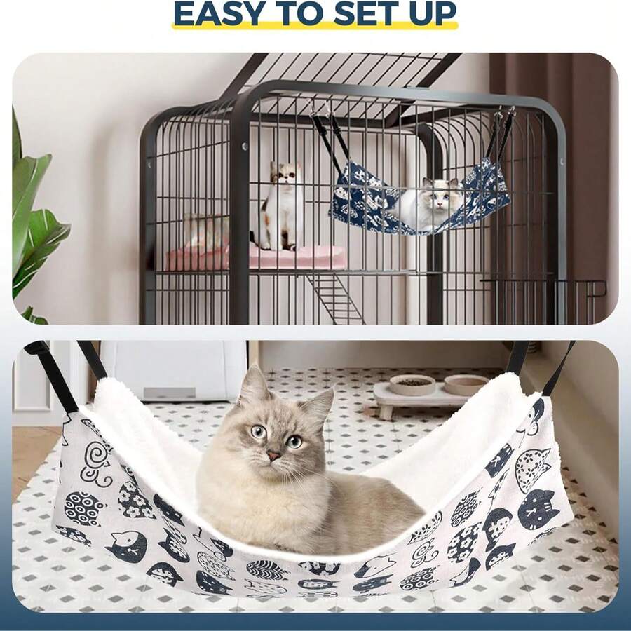 Multicolor adjustable hanging cat hammock bed made of 100% polyester for cats, small dogs, ferrets, and small animals.