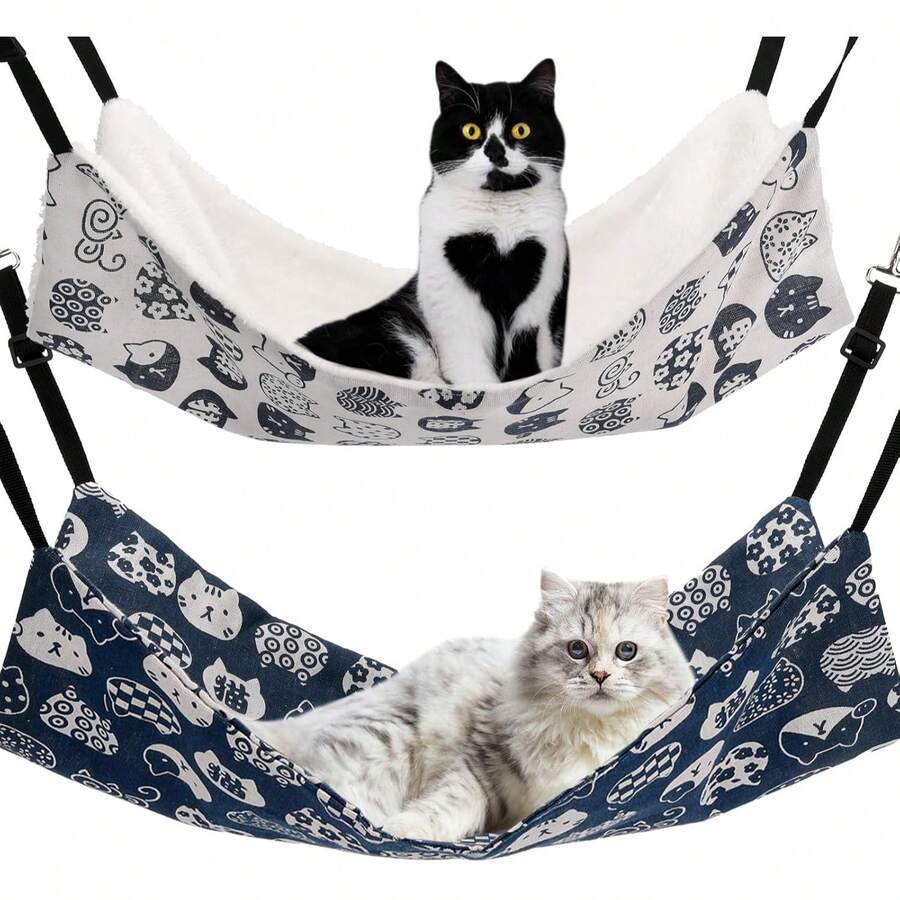 Multicolor adjustable hanging cat hammock bed made of 100% polyester for cats, small dogs, ferrets, and small animals.