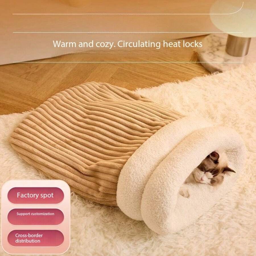 Multicolor semi-closed soft plush cat sleeping bag for indoor cats and small dogs