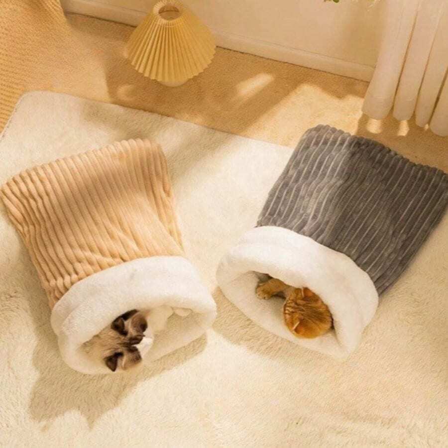 Multicolor semi-closed soft plush cat sleeping bag for indoor cats and small dogs