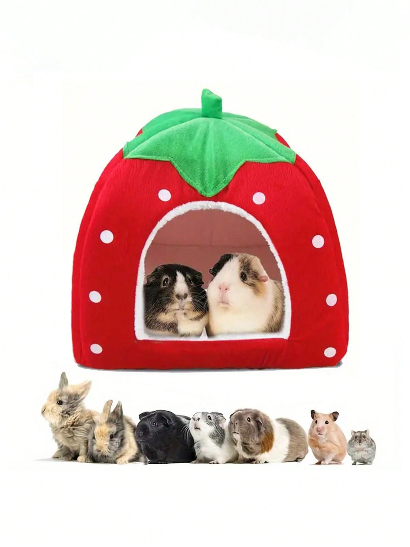 Pink strawberry pattern hamster bed hideaway nest made of soft polyester for small pets.