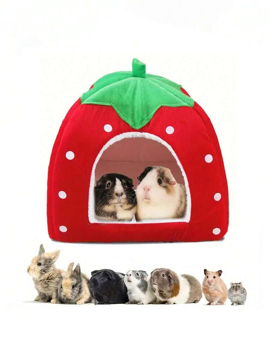 Pink strawberry pattern hamster bed hideaway nest made of soft polyester for small pets.
