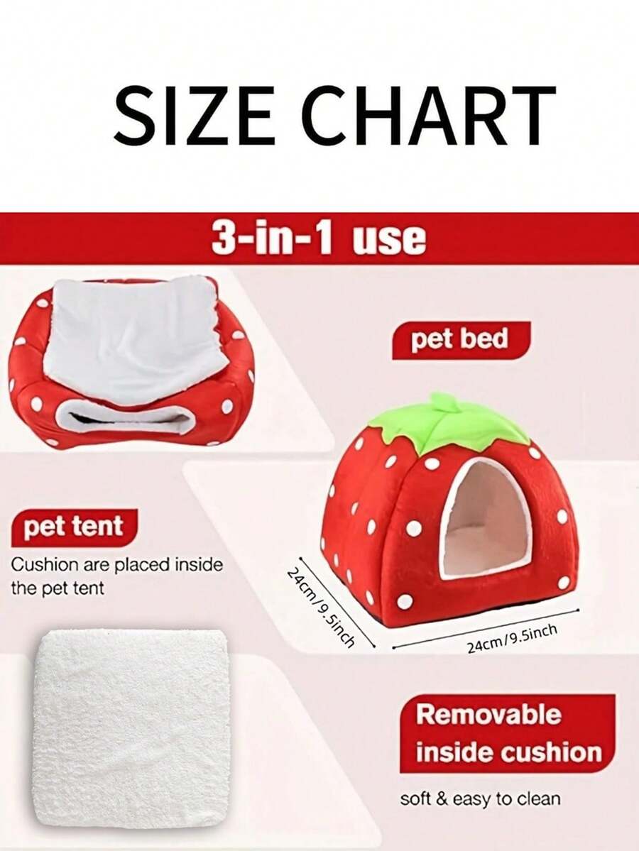 Pink strawberry pattern hamster bed hideaway nest made of soft polyester for small pets.
