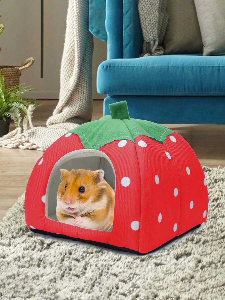 Pink strawberry pattern hamster bed hideaway nest made of soft polyester for small pets.