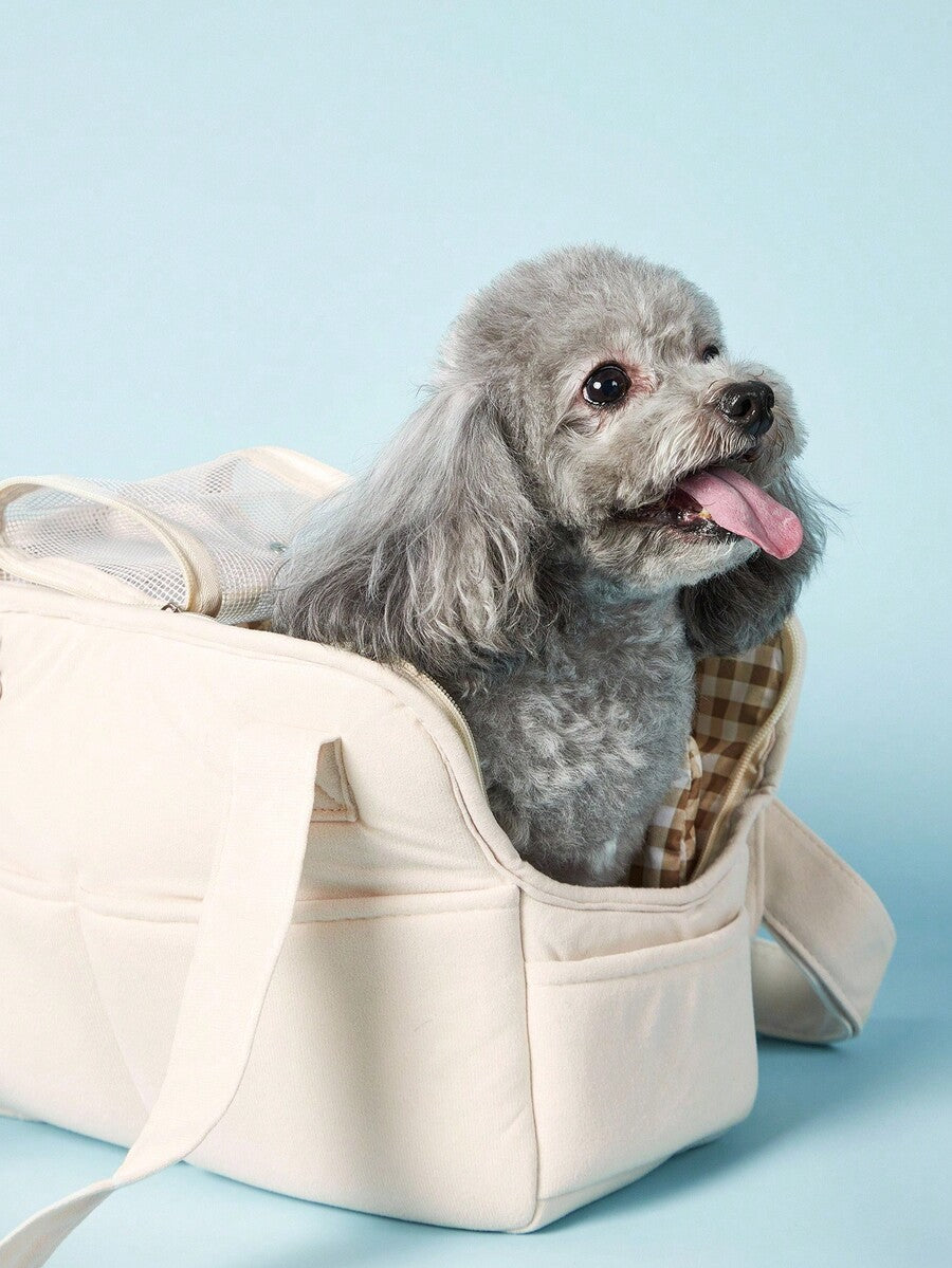 Multicolor breathable pet shoulder carry bag and portable crossbody dog and cat carrier made of 100% polyester.