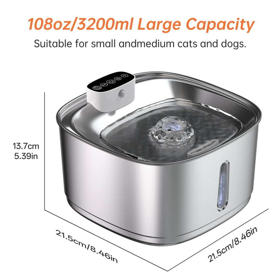 Silver stainless steel automatic cat water fountain with rechargeable battery and motion sensor