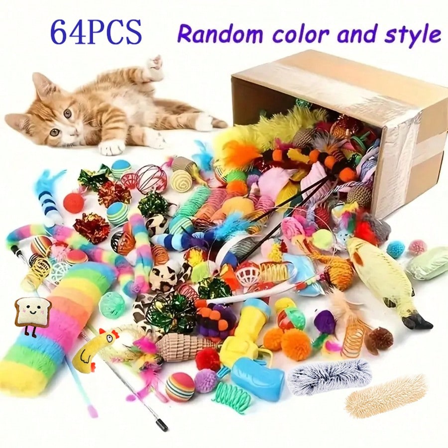 64pcs/48pcs/32pcs/16pcs Mixed Cat Toy Set - Variety Of Colorful Plastic Toys, Suitable For Multiple Cats, Keeps Cats Entertained Daily, Cat Toy Assortment Gift Pack, Cat Teaser Toys