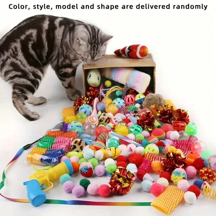 64pcs/48pcs/32pcs/16pcs Mixed Cat Toy Set - Variety Of Colorful Plastic Toys, Suitable For Multiple Cats, Keeps Cats Entertained Daily, Cat Toy Assortment Gift Pack, Cat Teaser Toys