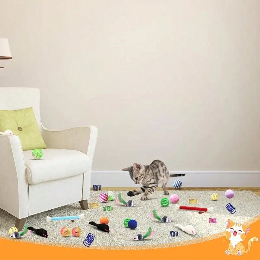64pcs/48pcs/32pcs/16pcs Mixed Cat Toy Set - Variety Of Colorful Plastic Toys, Suitable For Multiple Cats, Keeps Cats Entertained Daily, Cat Toy Assortment Gift Pack, Cat Teaser Toys