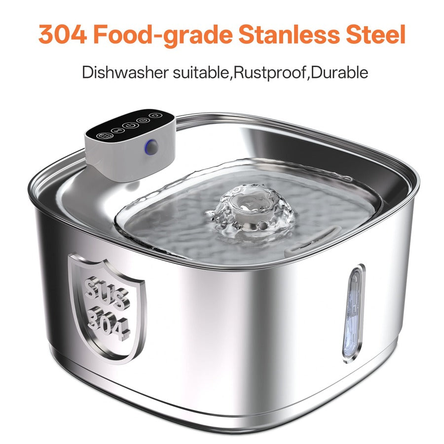 Silver stainless steel automatic cat water fountain with rechargeable battery and motion sensor