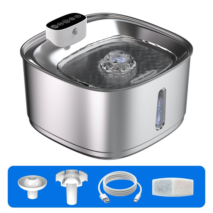 Silver stainless steel automatic cat water fountain with rechargeable battery and motion sensor
