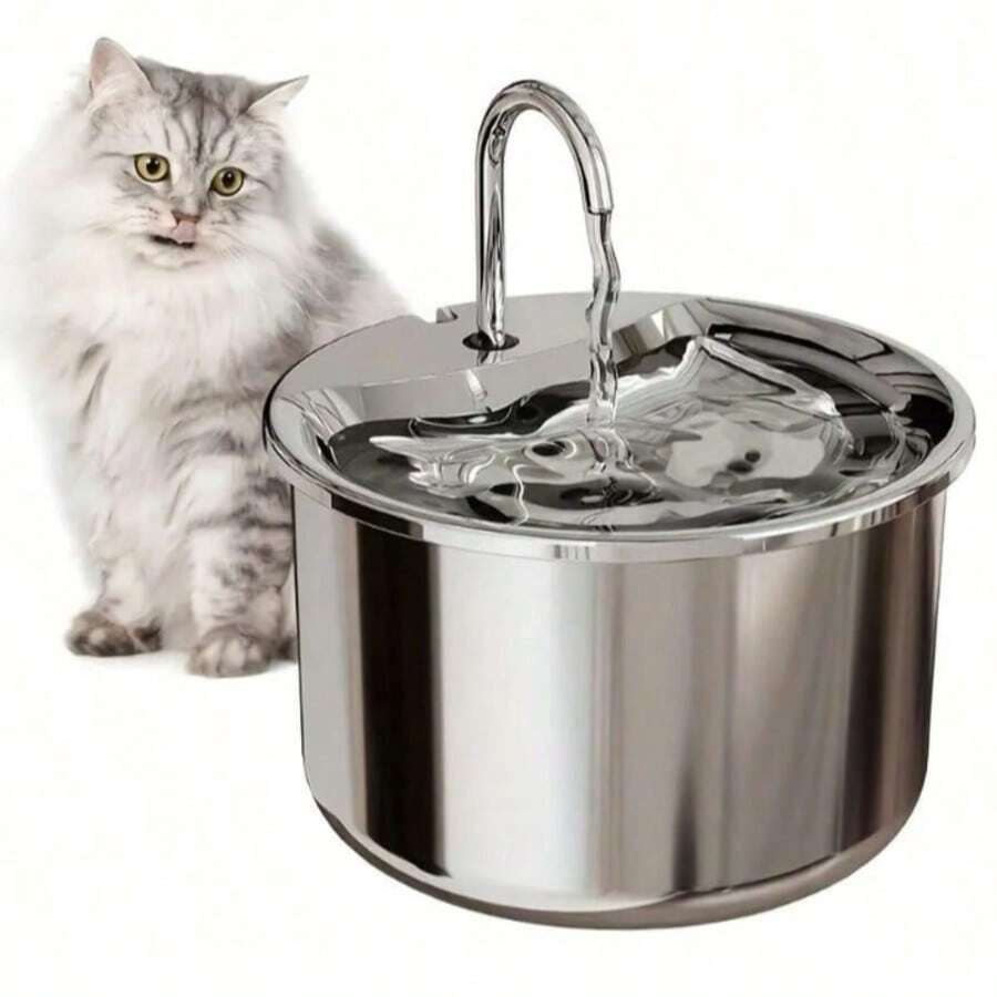 Stainless steel automatic pet water dispenser with USB power cord and splash-proof tray for indoor cats and dogs.