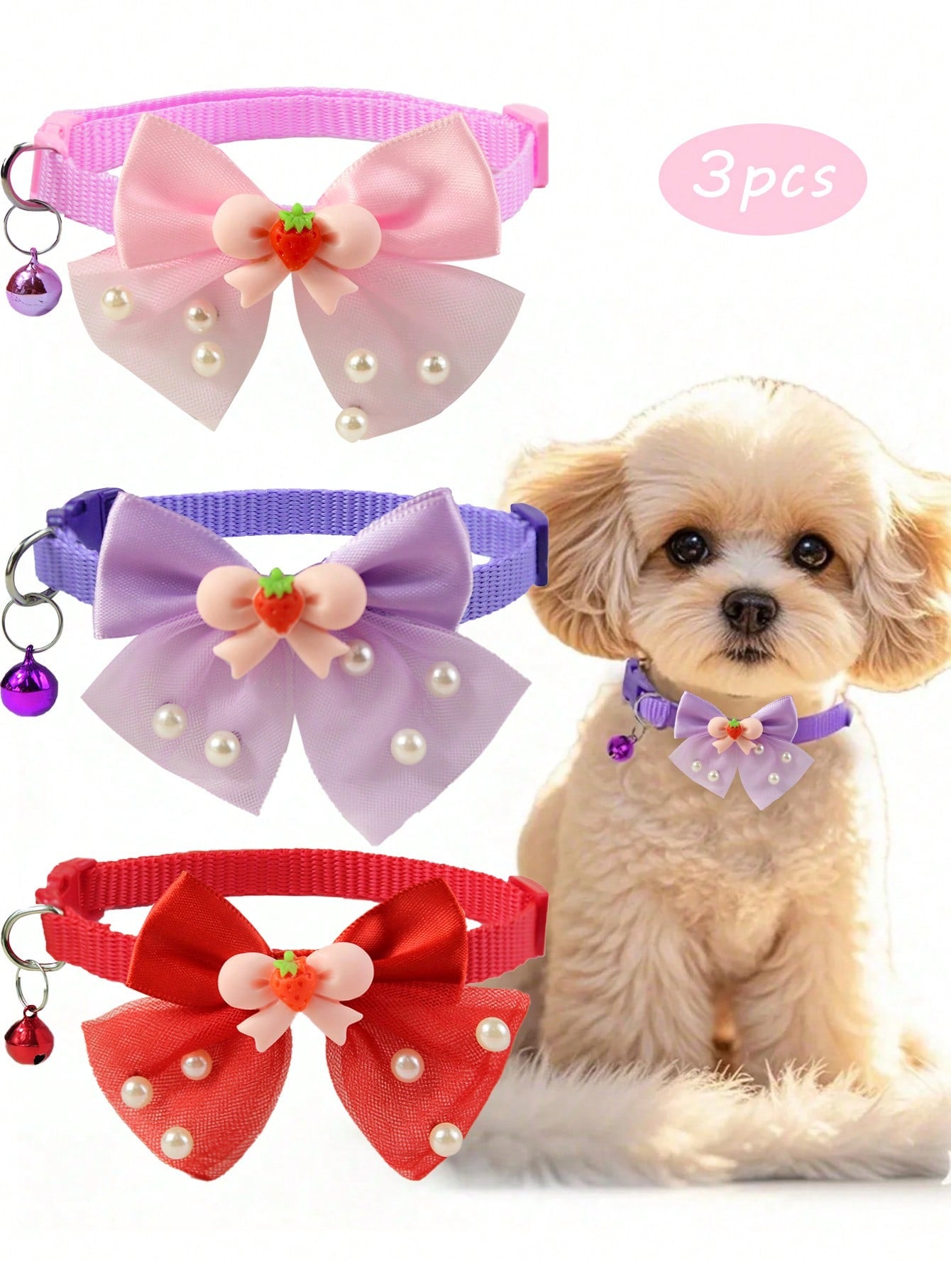 Multicolor polyester pet collar with a shiny bow and bell for cats and dogs
