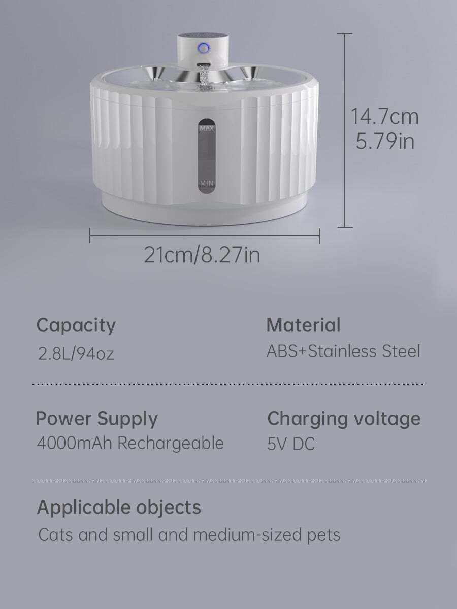 White rechargeable automatic cat water dispenser pet bowl with smart sensor and 2.8L capacity