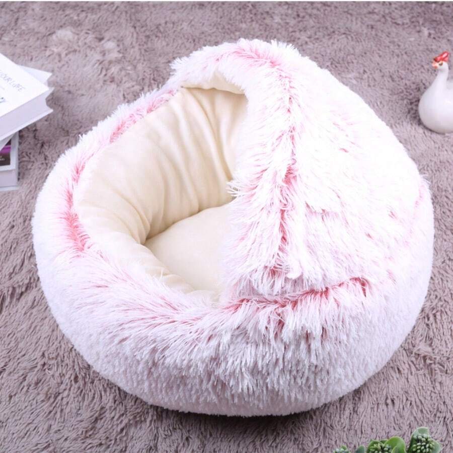 Grey plaid pet cave bed with a warm polyester cover and polypropylene fiber filling designed for indoor cats, puppies, and rabbits.