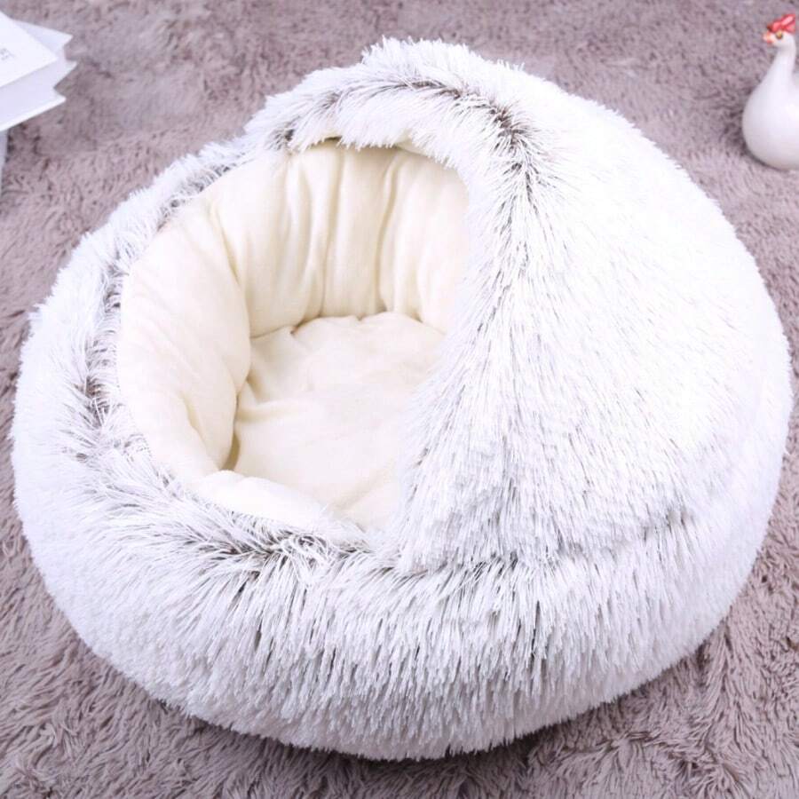 Grey plaid pet cave bed with a warm polyester cover and polypropylene fiber filling designed for indoor cats, puppies, and rabbits.