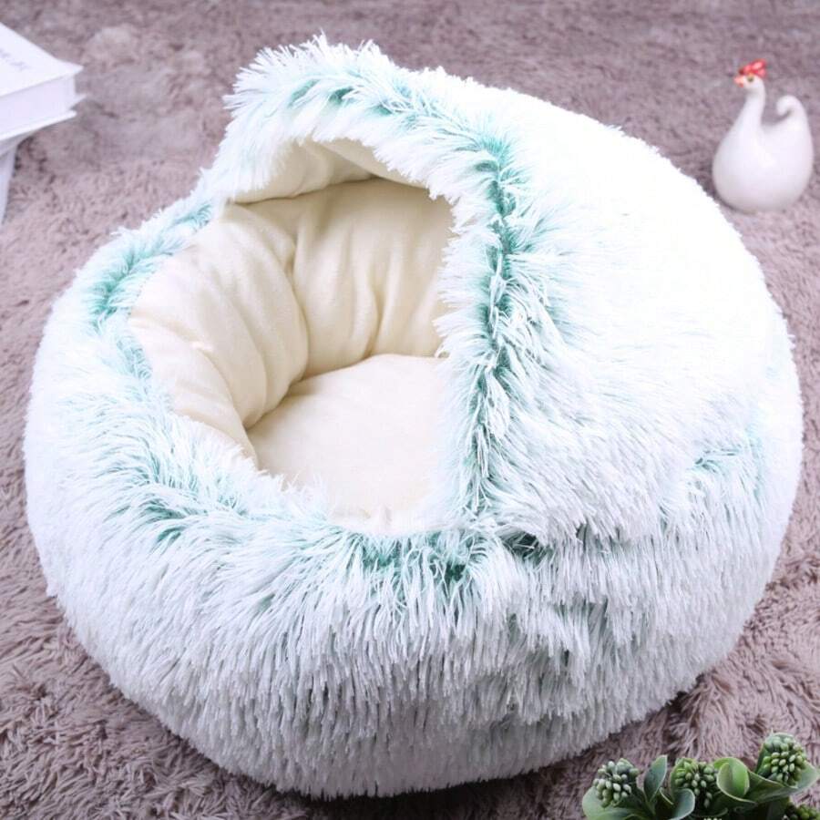 Grey plaid pet cave bed with a warm polyester cover and polypropylene fiber filling designed for indoor cats, puppies, and rabbits.