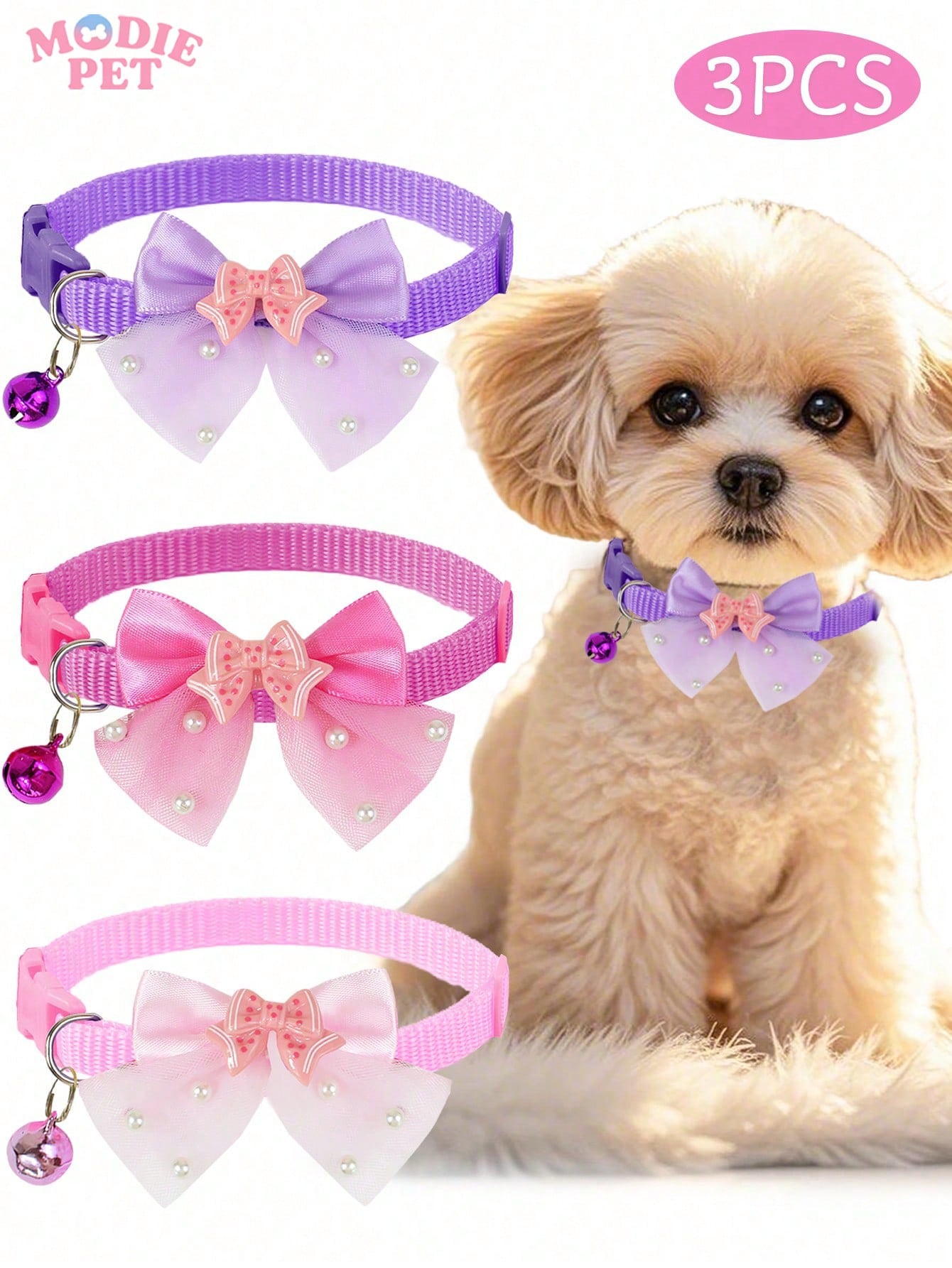 Multicolor polyester pet collar with a shiny bow and bell for cats and dogs